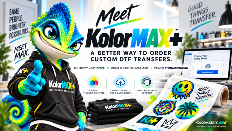 Max the KolorMAX+ chameleon mascot introducing Hi-Fidelity custom DTF transfers powered by KOLORMATRIX