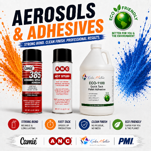Advertisement for aerosols and adhesives with product images and branding.