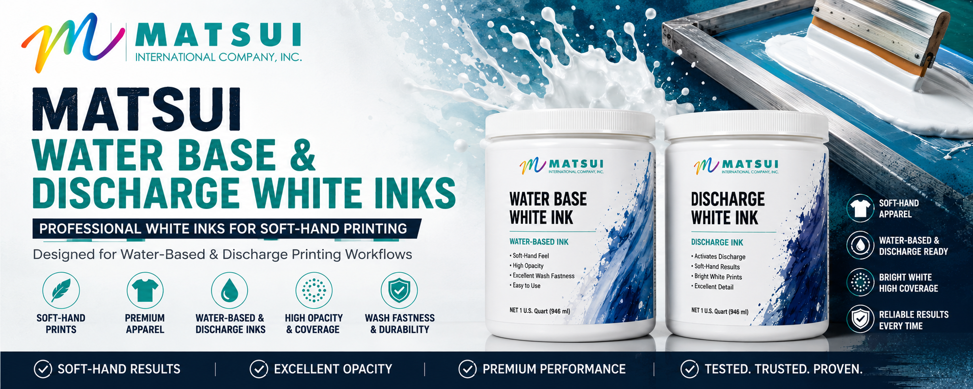 Matsui water base and discharge white inks with product packaging and branding.