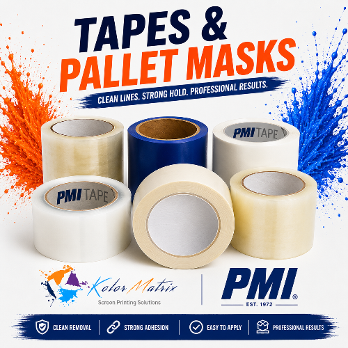 PMI tape rolls with colorful splashes and branding text on a white background