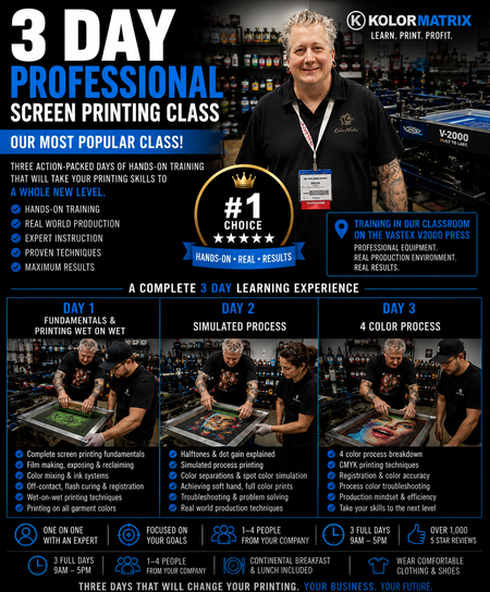 Advertisement for a 3-day professional screen printing class with KolorMatrix, featuring text and images of people in a classroom setting.