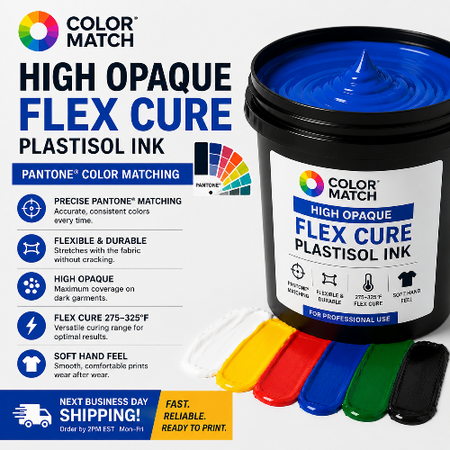 Container of Color Match high opaque flex cure plastisol ink with features listed on a white background