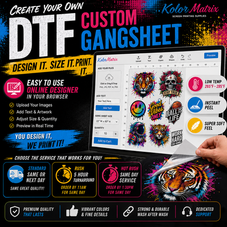 Create your own custom DTF gang sheet transfers with full-color artwork, ready-to-press designs, and professional direct-to-film printing from KOLORMATRIX.