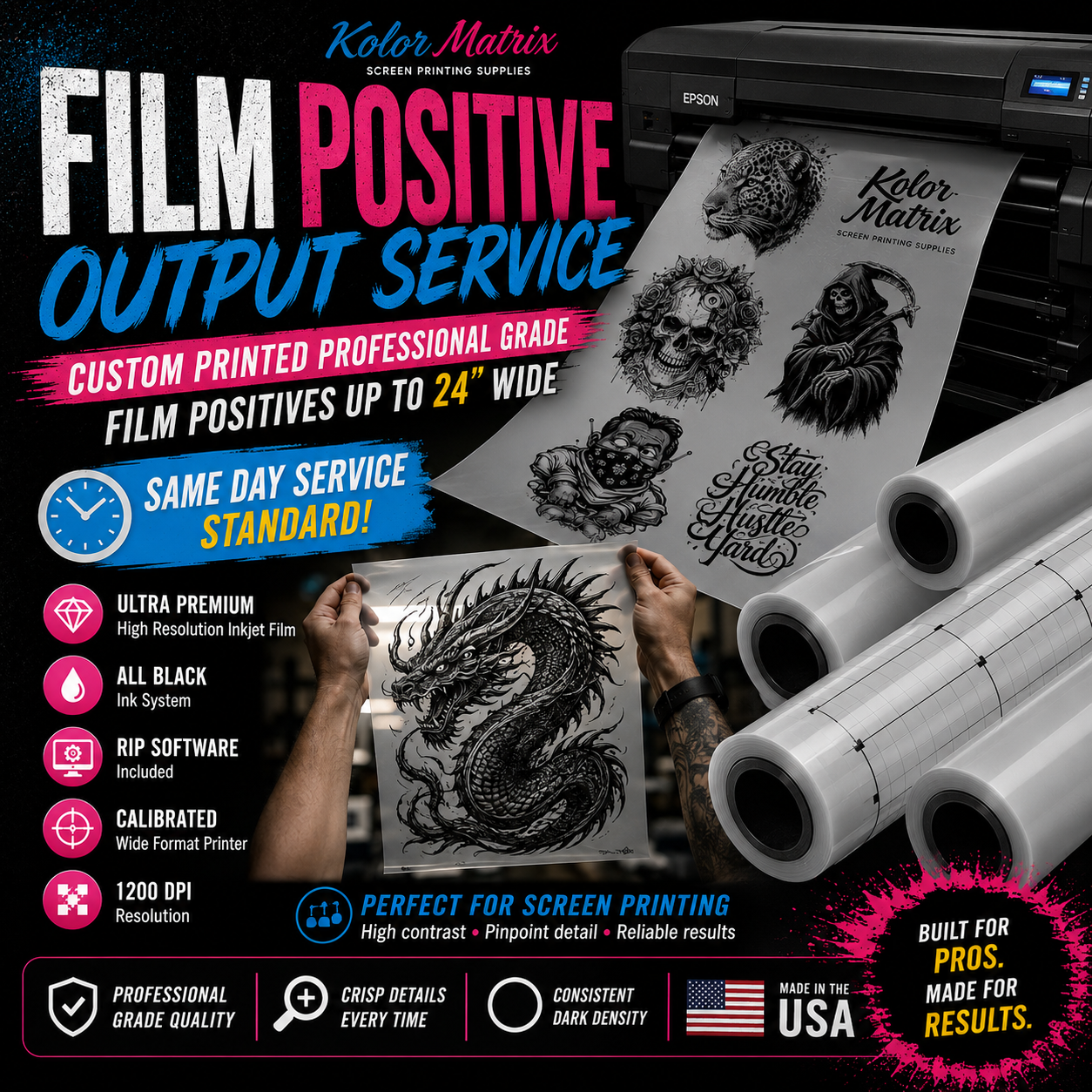 Custom film positive output service for screen printing with high-resolution artwork and accurate registration from KOLORMATRIX