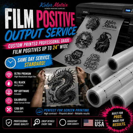 Custom film positive output service for screen printing with high-resolution artwork and accurate registration from KOLORMATRIX