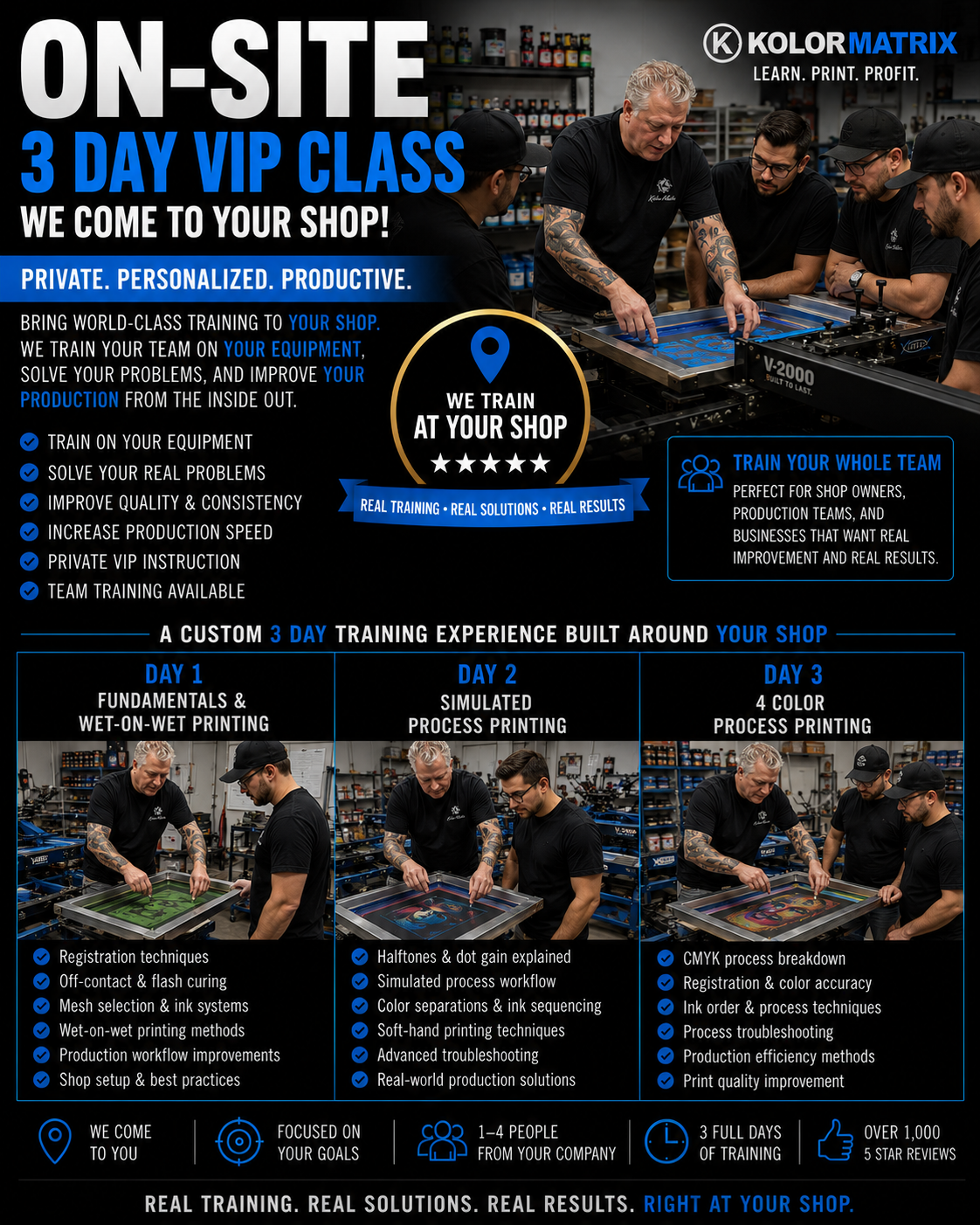 Advertisement for KolorMatrix on-site 3-day VIP class with training at a shop.
