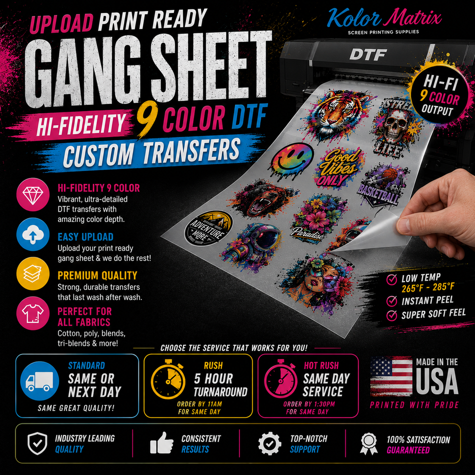 Upload Print Ready Gang Sheet - Hi-Fidelity 9 color DTF Custom Transfers
