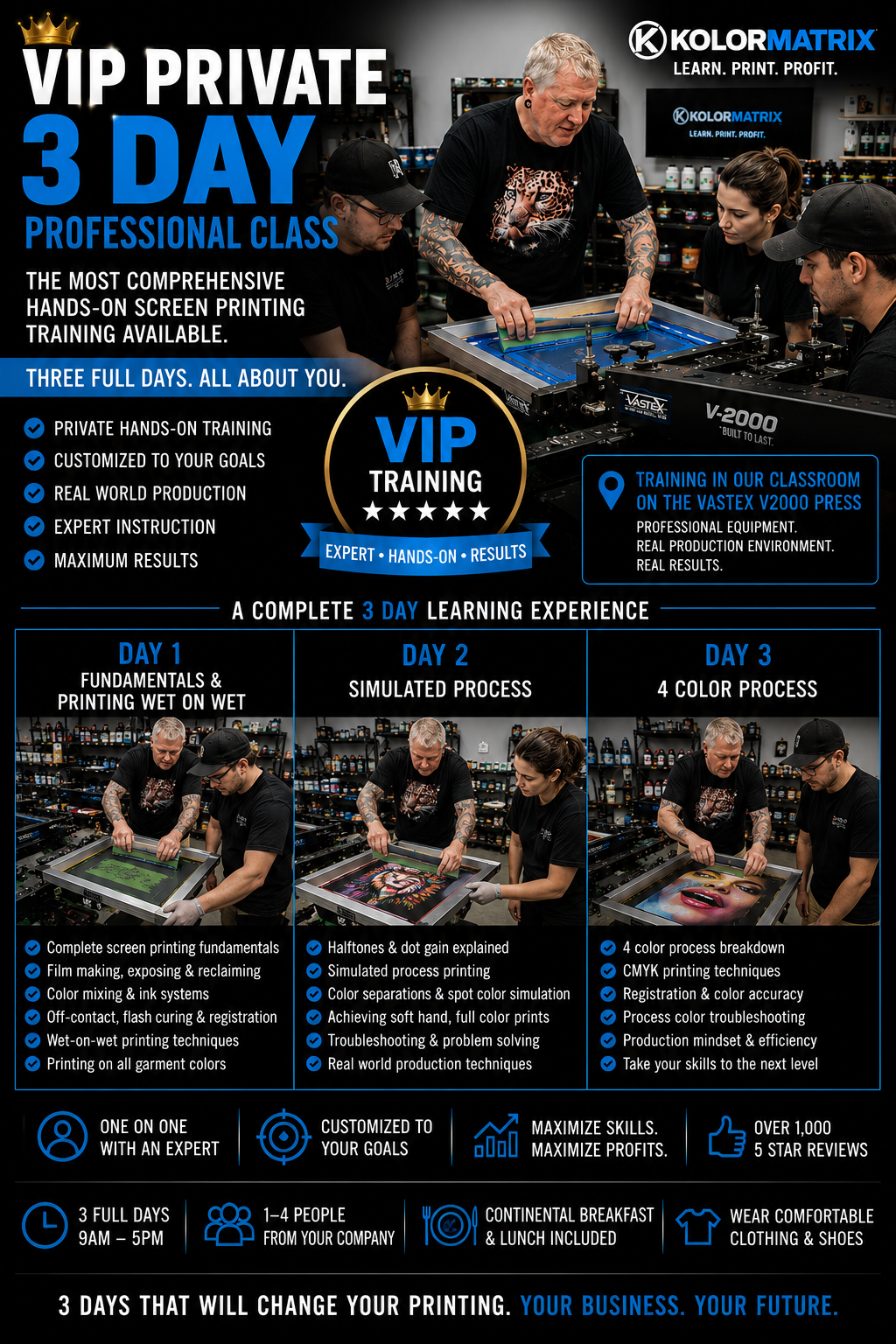Advertisement for a private 3-day professional screen printing class with Kolormatrix.