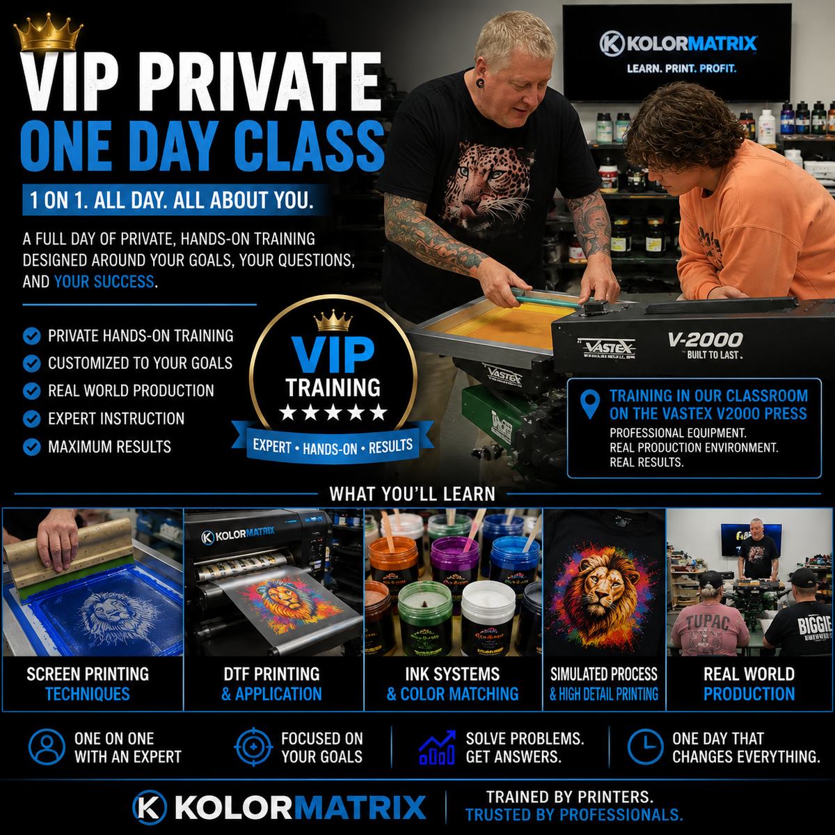 Advertisement for KolorMatrix VIP Private One Day Class with two people working on screen printing equipment.