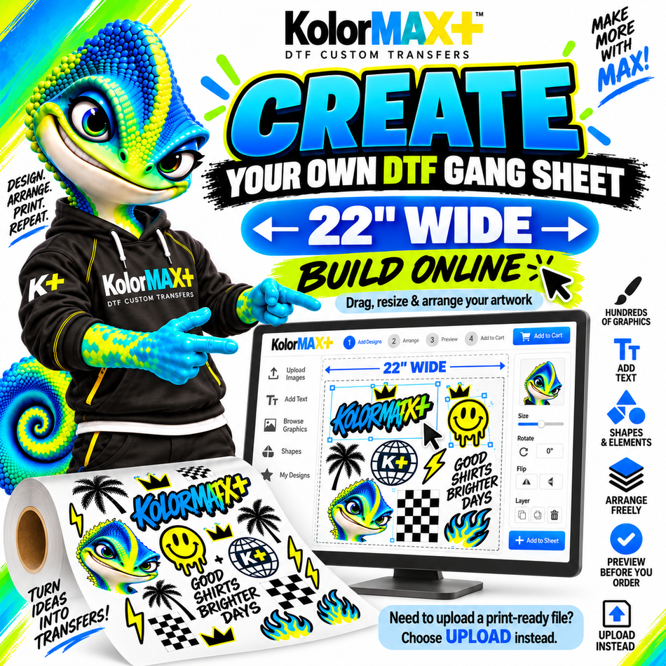 Create Your DTF Gang Sheet 34" width KolorMAX+ Online Builder.