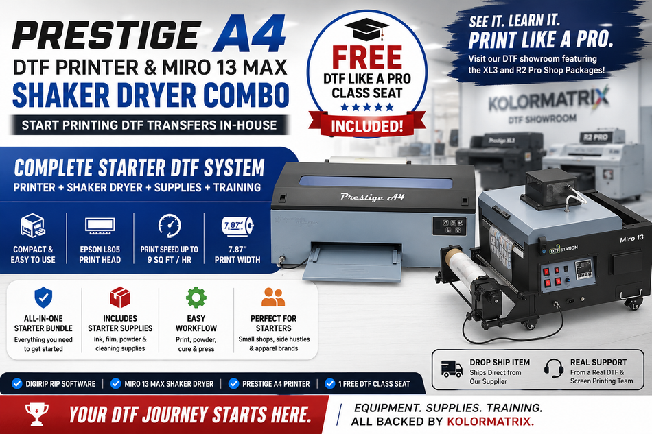 Prestige A4 DTF Printer & Miro 13 Max Shaker Dryer Combo + Free DTF Class